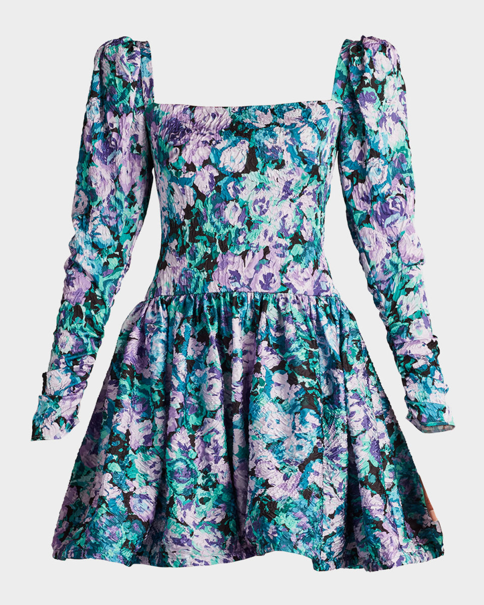 Crinkled Floral-Print Jacquard Mini Dress